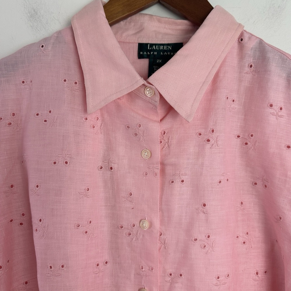 New Ralph Lauren Linen Shirt Womens 2X Button Up Pink Eyelet Lace Roll Tab L/S - Picture 2 of 8